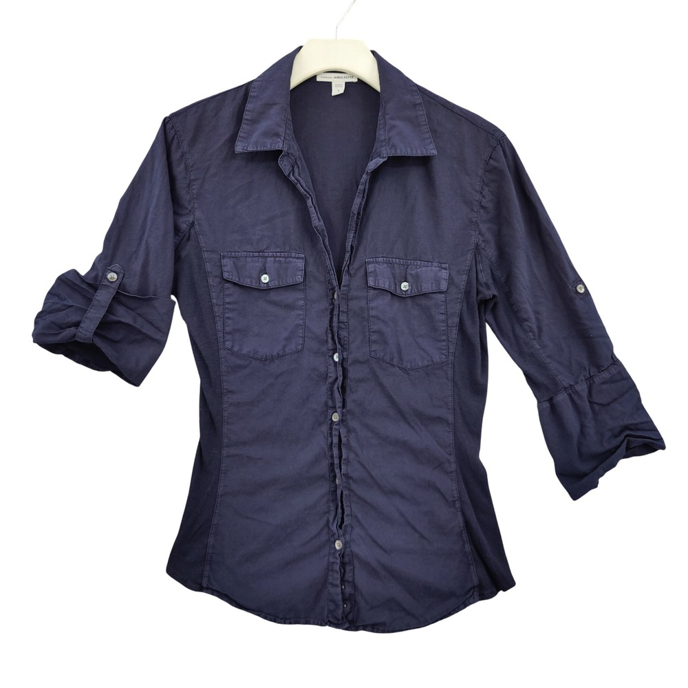 James Perse Womens Coastal Utility Cotton Button Down Shirt 3 Large Navy Blue